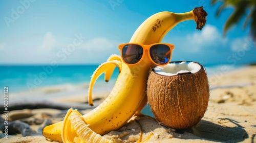 A banana with sunglasses sunbathing on the beach, drinking from a coconut 