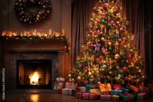 Christmas tree in a living room with a fireplace
