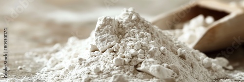 This image features a wooden scoop resting in a pile of white diatomite powder, highlighting the fine grains and textures photo