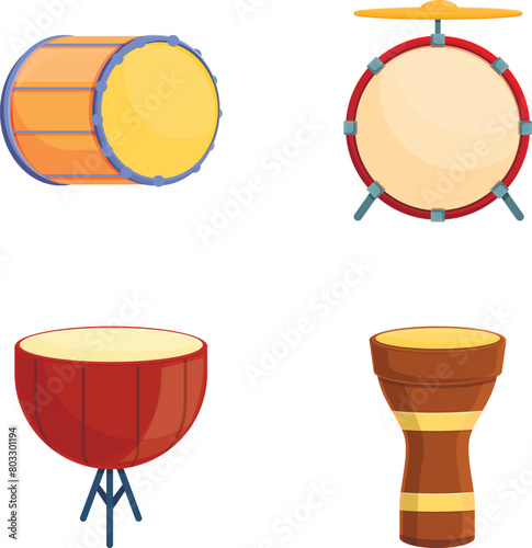 Drum icons set cartoon vector. Wooden drum of different style and color. Percussion musical instrument
