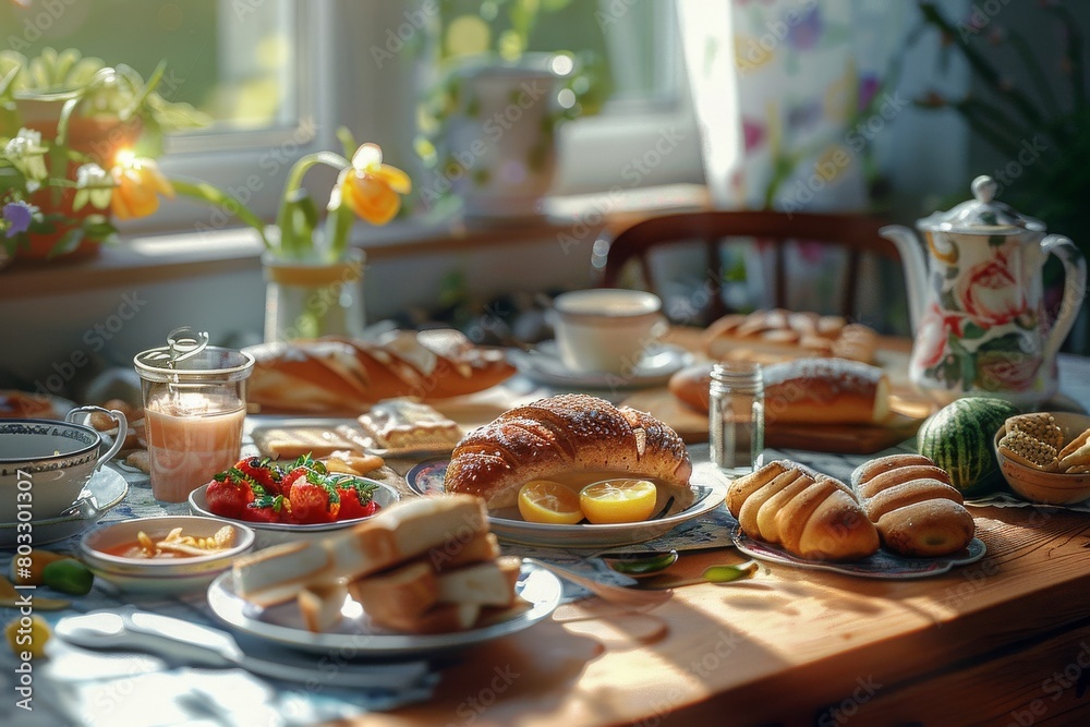 A variety of traditional German breakfast items such as bread, cheese, cold cuts, jam, and boiled eggs spread out on a bright table.