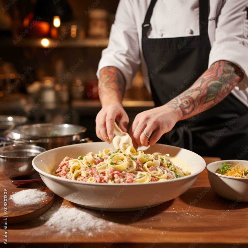 Chef preparing pasta dish in a commercial kitchen