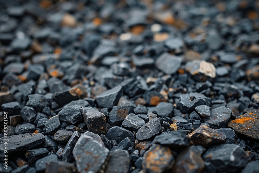 Black gravel stones dominate the frame with a selective focus creating a bokeh effect Black gravel stones dominate the frame with a selective focus creating a bokeh effect