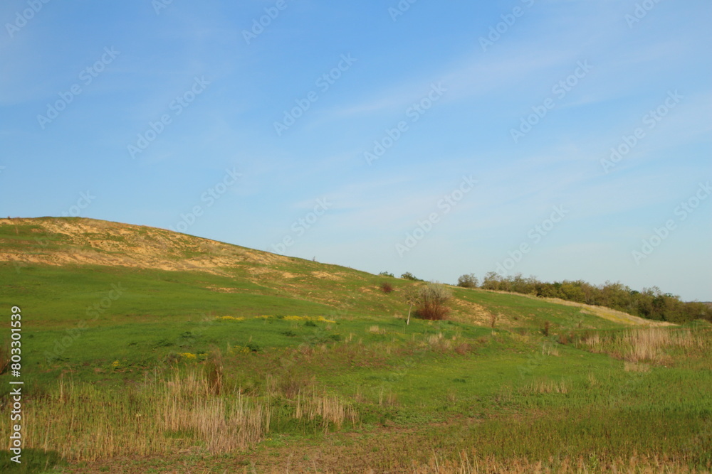 A grassy hill with a hill in the background