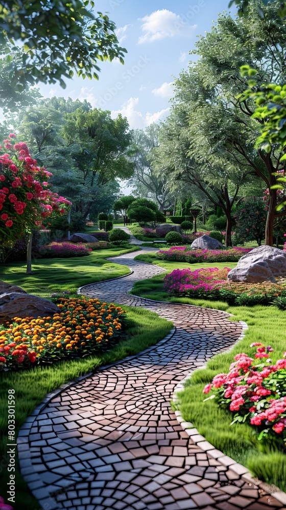 Naklejka premium Stone path through a lush garden