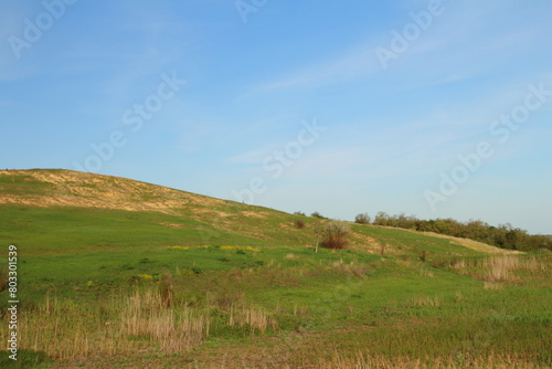 A grassy hill with a hill in the background