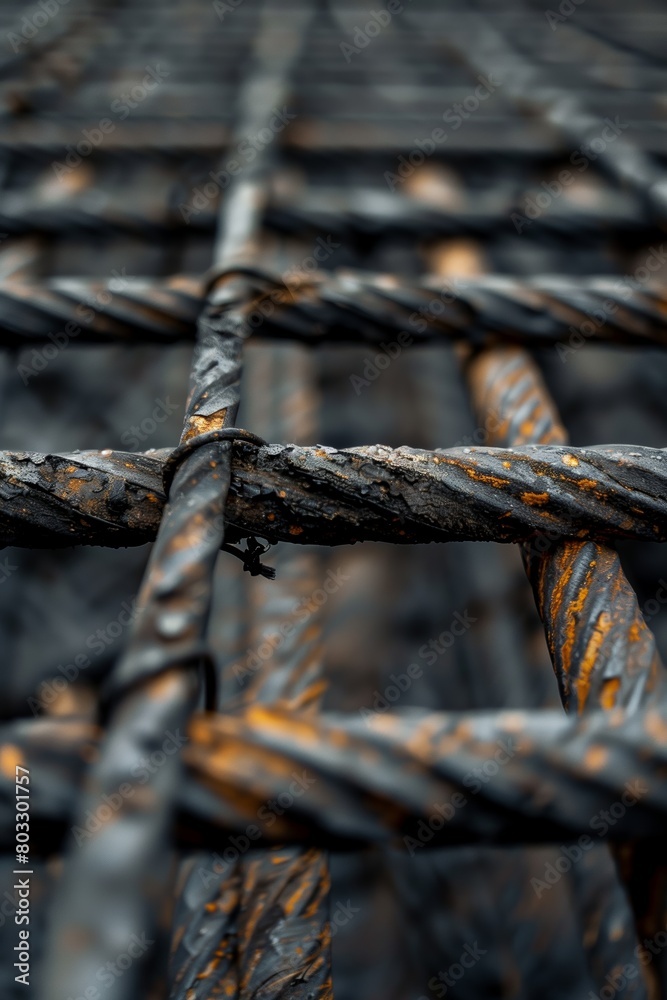This image highlights the selective focus on the rusted areas of reinforcement steel bars, depicting decay in strength