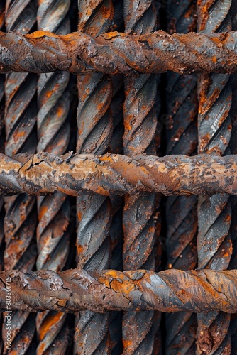 Close-up image captures the intertwining and rusting of steel rebar with a sense of abandonment