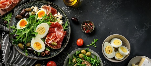 Top view of a healthy food concept featuring a salad with Parma ham, olives, Parmesan cheese, boiled eggs, and arugula on a dark background.