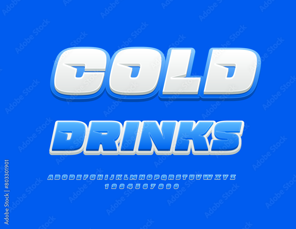 Vector bright poster Cold Drink with White and Blue Font. Modern set of Alphabet Letters and Numbers.