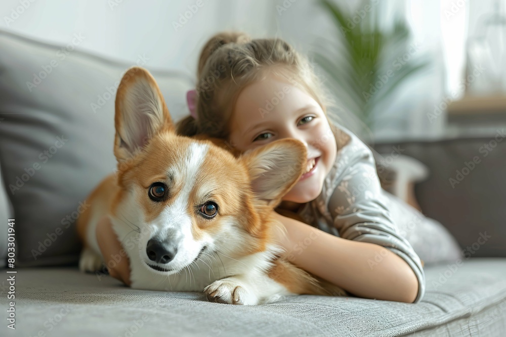 Cute little girl hugging corgi dog , smiling. Dog lover with domestic animal. International corgi day Cute little girl hugging corgi dog , smiling. Dog lover with domestic animal. International corgi day