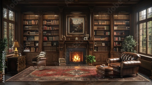 Elegant Study with Mahogany Bookcases and Fireplace, generative ai