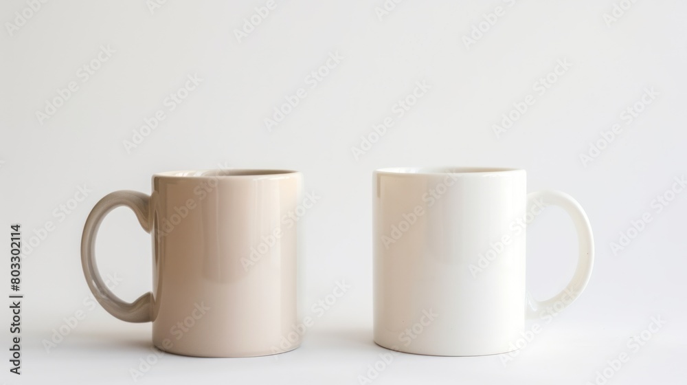 3d mockup of two white mugs with handle facing each other on a plain background 3d mockup of two white mugs with handle facing each other on a plain background