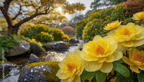 Tau-geküsste gelbe Blumen, die an einem ruhigen Bach inmitten üppiger Vegetation blühen