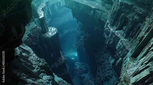 Mystical canyon landscape with ethereal blue lights under a stormy sky