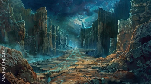 Mystical canyon landscape with ethereal blue lights under a stormy sky
