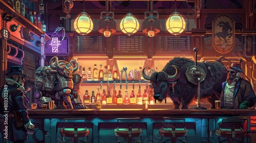  vibrant scene in the prohibition era with quirky robots and fierce buffaloes drinking. three beer taps are visible with the following names labeled clear and large AI generated