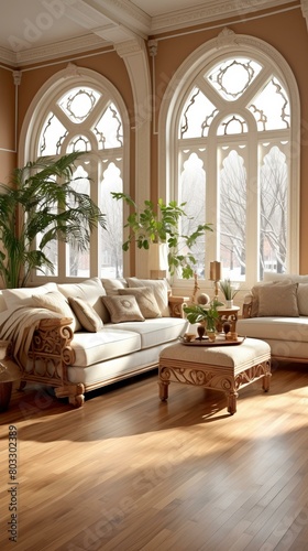 Elegant living room interior with large windows and a comfortable sofa