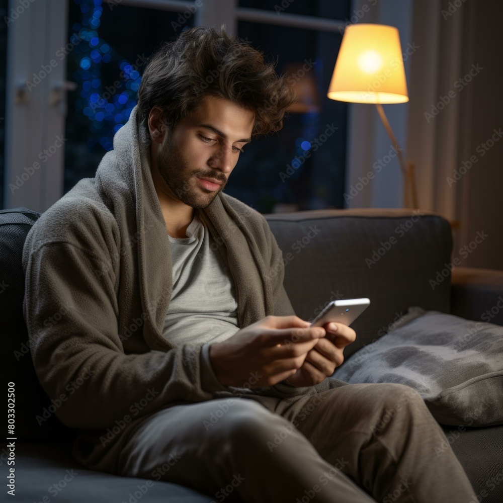 Man in bathrobe using smartphone on sofa at night Man in bathrobe using smartphone on sofa at night