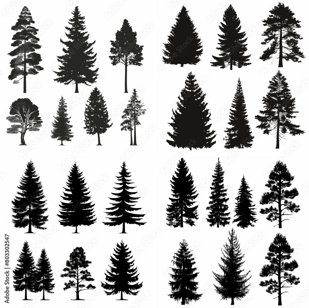 black tree silhouette set pure badge eco outline recreation breath emblem label protection graphic pine trunk woodland