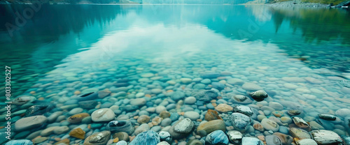 Smooth pebbles lining the shore of a teal lake, reflecting the peacefulness of the surrounding landscape.
