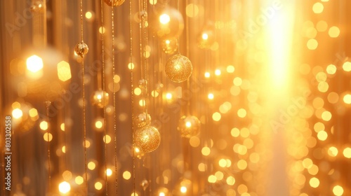 golden balls hanging from strings with a warm golden background