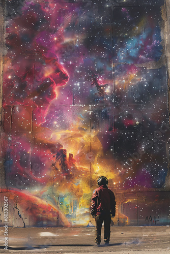 A boy gazes up in awe at a giant mural of a nebula © Krungpol