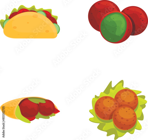 Fresh falafel icons set cartoon vector. Falafel full of meat and fresh vegetable. Jewish, arabic cuisine