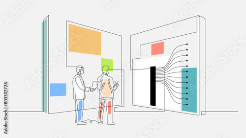 Scientists Investigate Neural Network Patterns on Large Displays in Modern Lab, Continuous Line Flat Geometrical Design