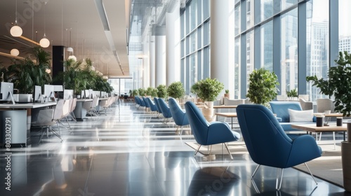 Modern office interior with blue armchairs and plants photo