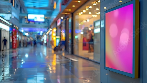 Blurred shopping center background with modern digital media signboard design mockup. Concept Outdoor Photoshoot, Digital Media Signboard, Shopping Center Background, Blurred Effect, Mockup Design