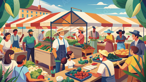 Vibrant Farmers Market Scene with Fresh Produce and Lively Shoppers