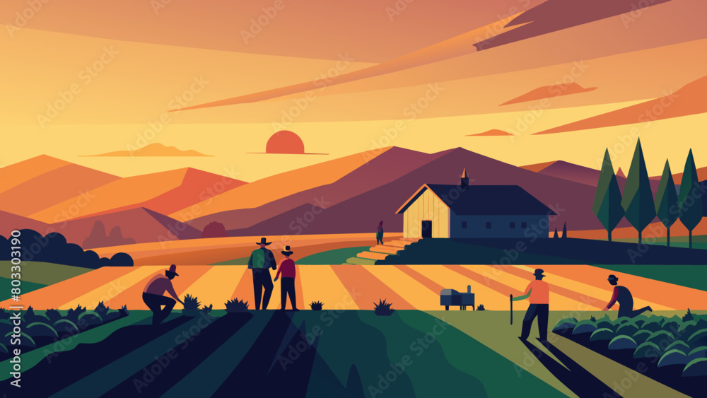 Fototapeta premium Sunset Harvest: Farm Workers in Idyllic Rural Landscape