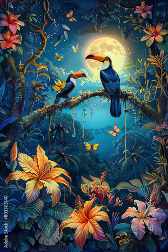 A pair of toucans sit on a branch in the moonlight  surrounded by lush tropical foliage