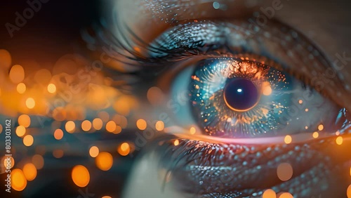 Striking close-up revealing the details of a blue eye amidst sparkling lights. photo