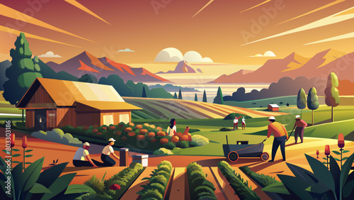 Rustic Farmhouse Sunset Landscape with Workers and Fields