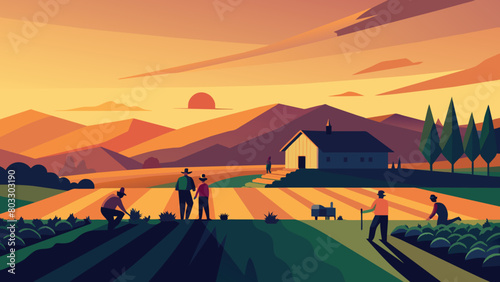 Sunset Harvest  Farm Workers in Idyllic Rural Landscape