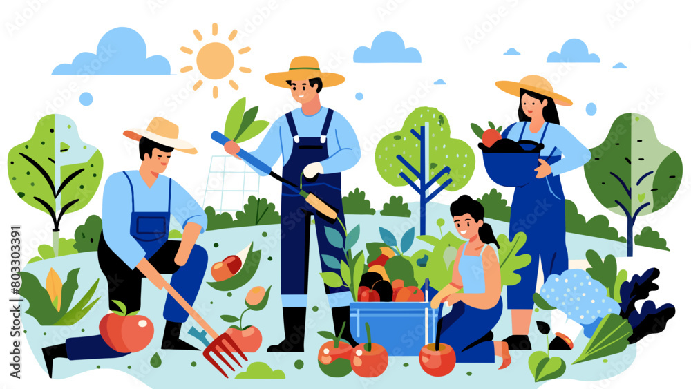 Fototapeta premium Cheerful Farmers Harvesting Fresh Produce in Sunny Fields
