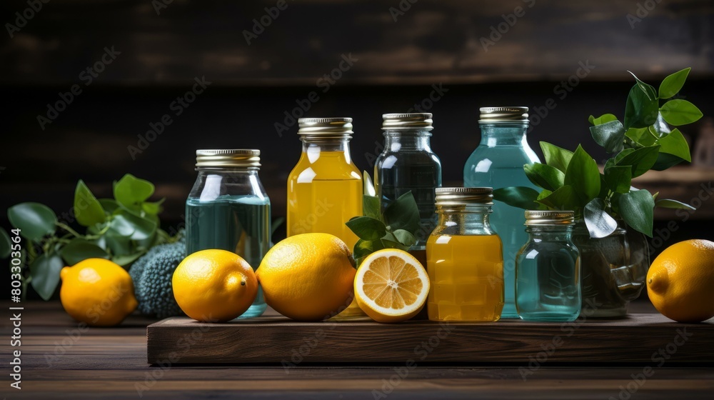 Still life of lemons and blue and yellow potions Still life of lemons and blue and yellow potions