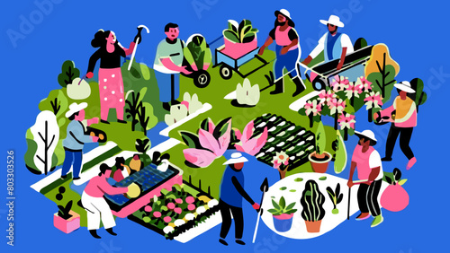 Community Garden Gathering with People Gardening and Enjoying Greenery