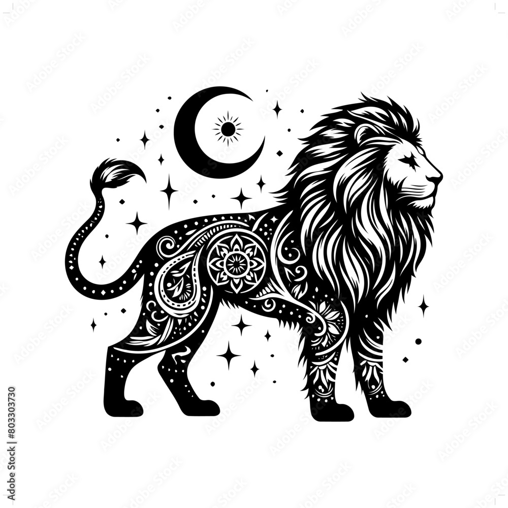 Fototapeta premium lion silhouette in bohemian, boho, nature illustration