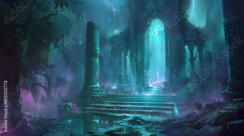 Mystical ancient temple amidst lush forests and cascading waterfalls at night