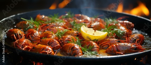 A delicious plate of crayfish with lemon and dill photo
