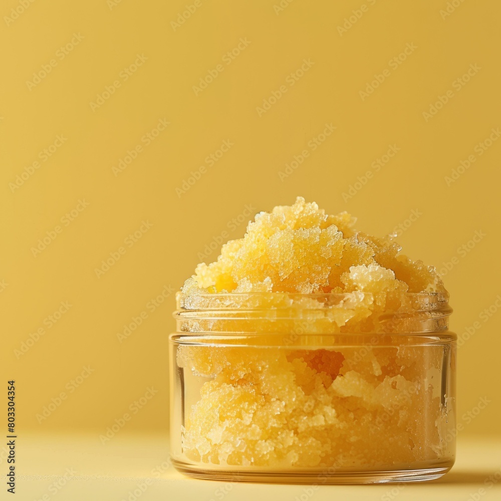 Close-up of a jar of yellow body scrub Close-up of a jar of yellow body scrub