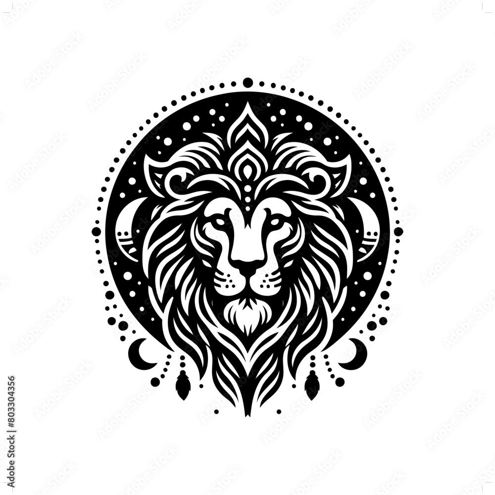 lion silhouette in bohemian, boho, nature illustration