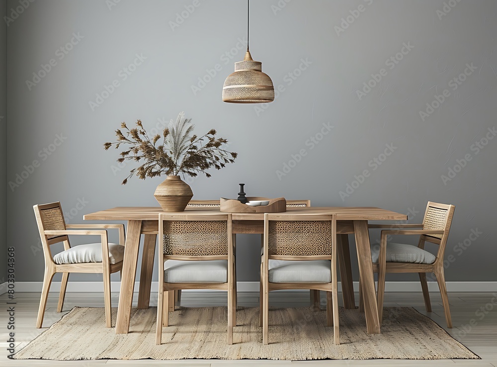 The cozy interior of a modern dining room with a wooden table and ...
