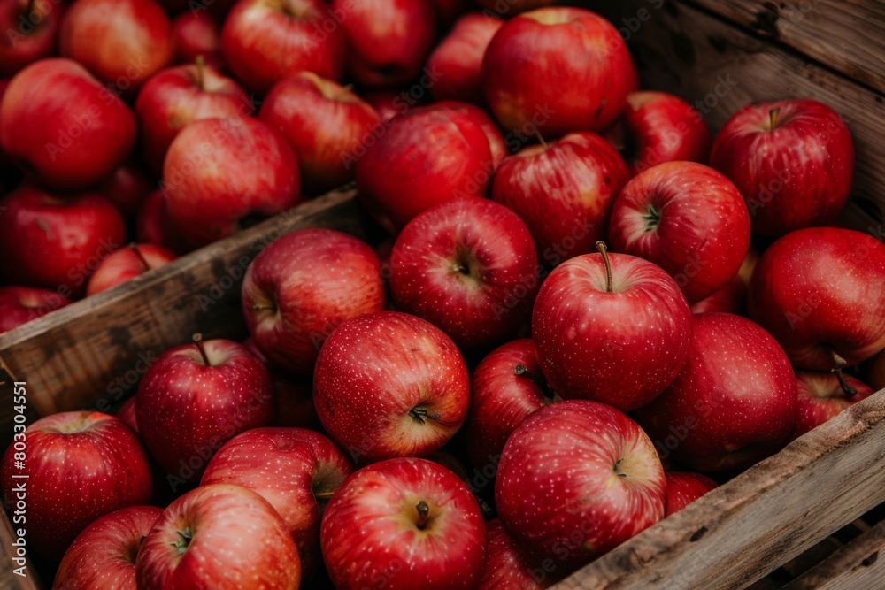 Ripe organic apples in wooden crates at warehouse with blurred background, space for text Ripe organic apples in wooden crates at warehouse with blurred background, space for text