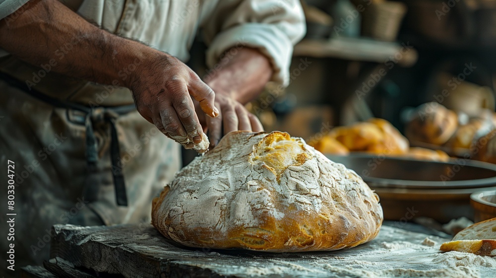 Rustic Baker Pulling Freshly Baked Bread from Stone Oven, generative ai