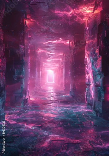 Futuristic Sci-Fi Glowing Pink Crystal Tunnel photo