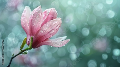 A beautiful magnolia flower with dew drops on its petals. photo